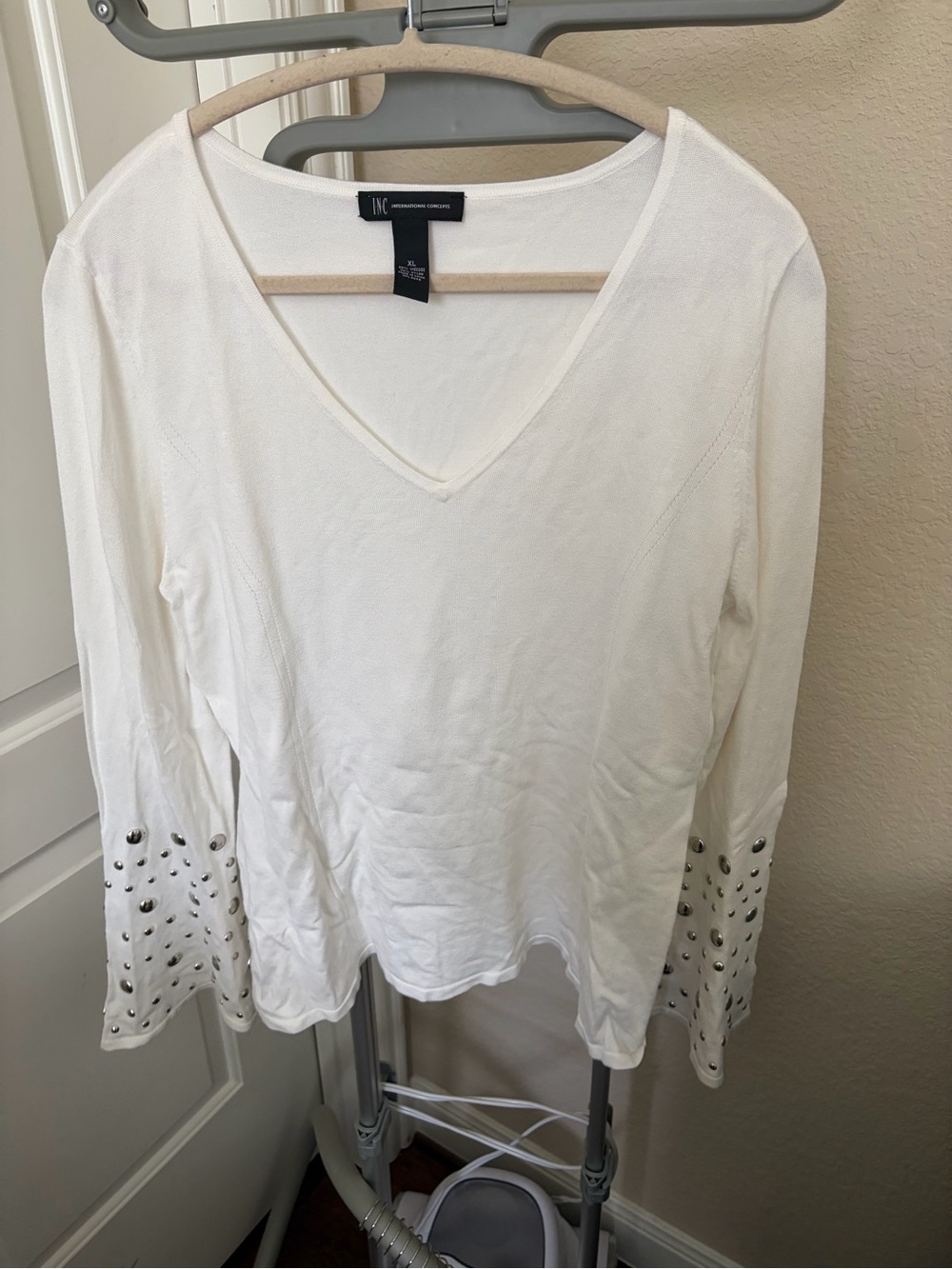 INC International Concepts White V-Neck Long Sleeve Top with Studded Cuffs